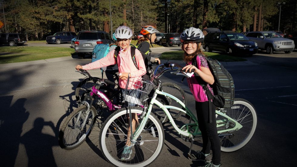 Students walking and biking to school.